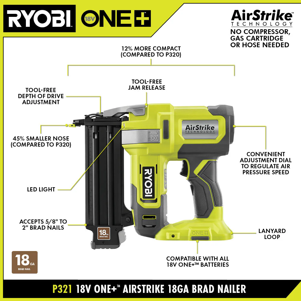 18-Volt ONE+ Cordless AirStrike 18-Gauge Brad Nailer (Tool Only) with Sample Nails - Image 4
