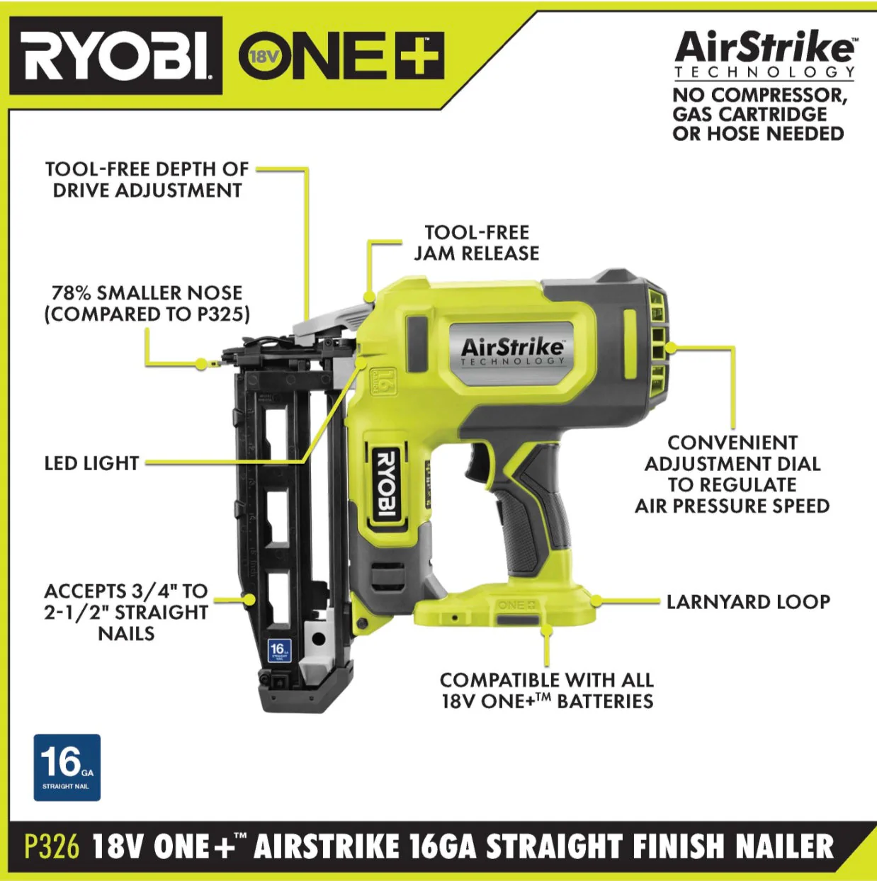 18V ONE+ Cordless AirStrike 16-Gauge Straight Finish Nailer Kit with Sample Nails, 1.5Ah Battery and Charger - Image 2