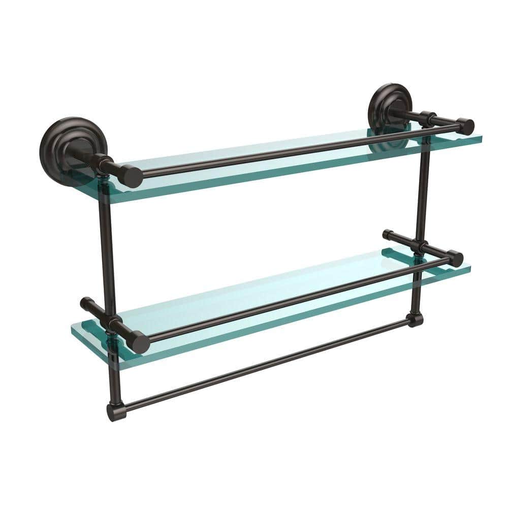 22 in. L x 12 in. H x 5 in. W 2-Tier Gallery Clear Glass Bathroom Shelf with Towel Bar in Oil Rubbed Bronze by Allied Brass