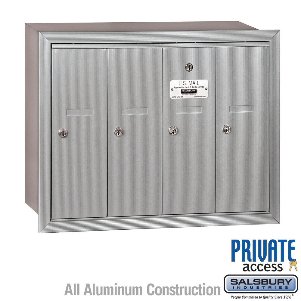 4-Door Aluminum Vertical Mailbox with Private Access and Recessed Mounting