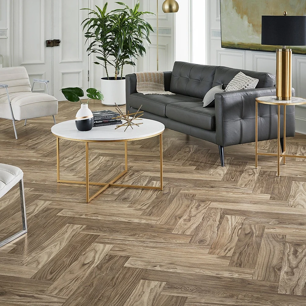 STAINMASTER 12-ft W Cut-to-Length Walnut Herringbone Wood-Look Low-Gloss Sheet Vinyl Flooring - Image 3