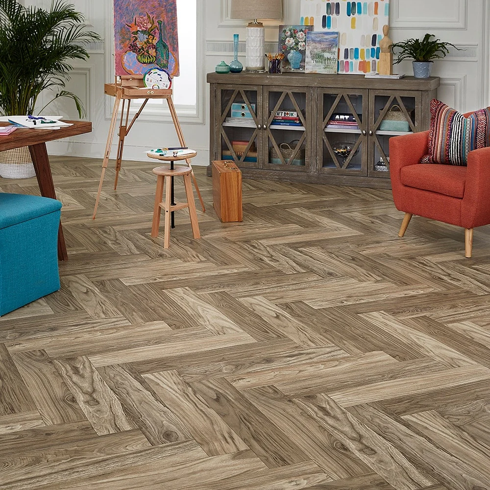 STAINMASTER 12-ft W Cut-to-Length Walnut Herringbone Wood-Look Low-Gloss Sheet Vinyl Flooring - Image 4