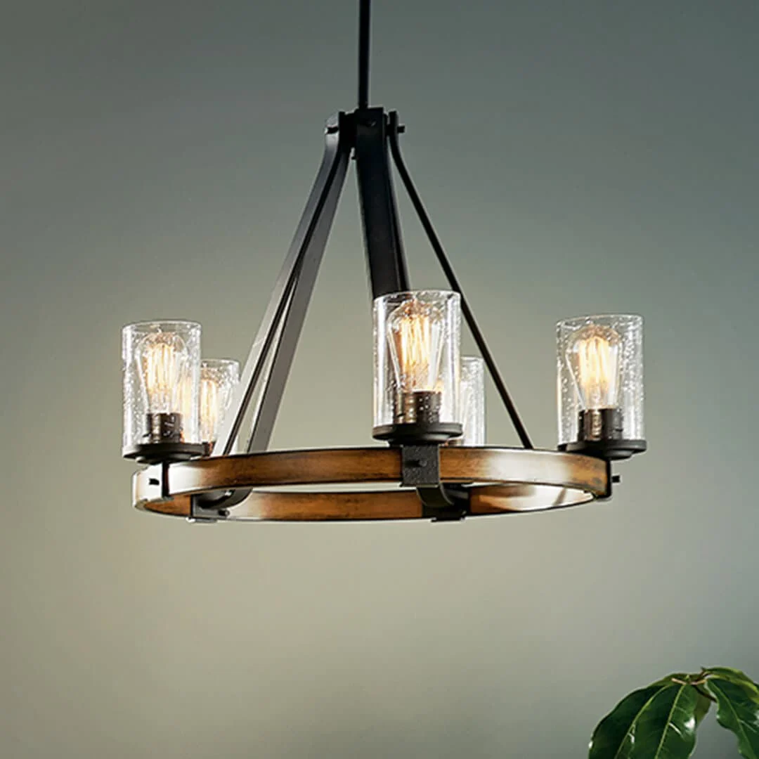 Kichler Barrington 5-Light Distressed Black and Wood Tone Rustic Chandelier, 24-Inch Diameter - Image 9