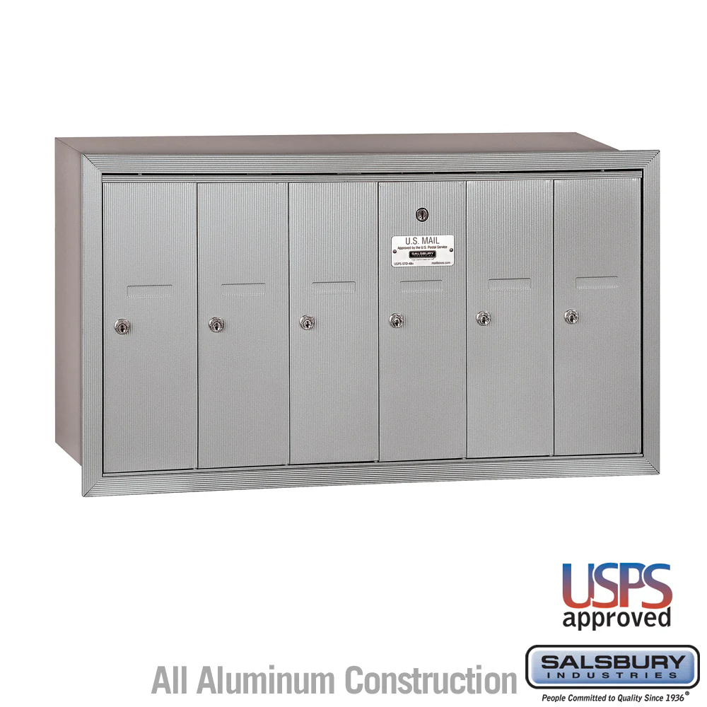 6-Door Aluminum Vertical Mailbox - Recessed Mounted - USPS Approved