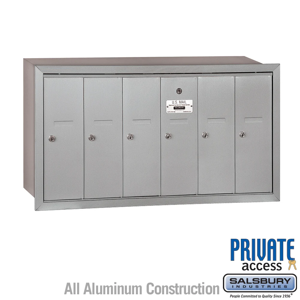 6-Door Aluminum Vertical Mailbox with Private Access and Recessed Mounting