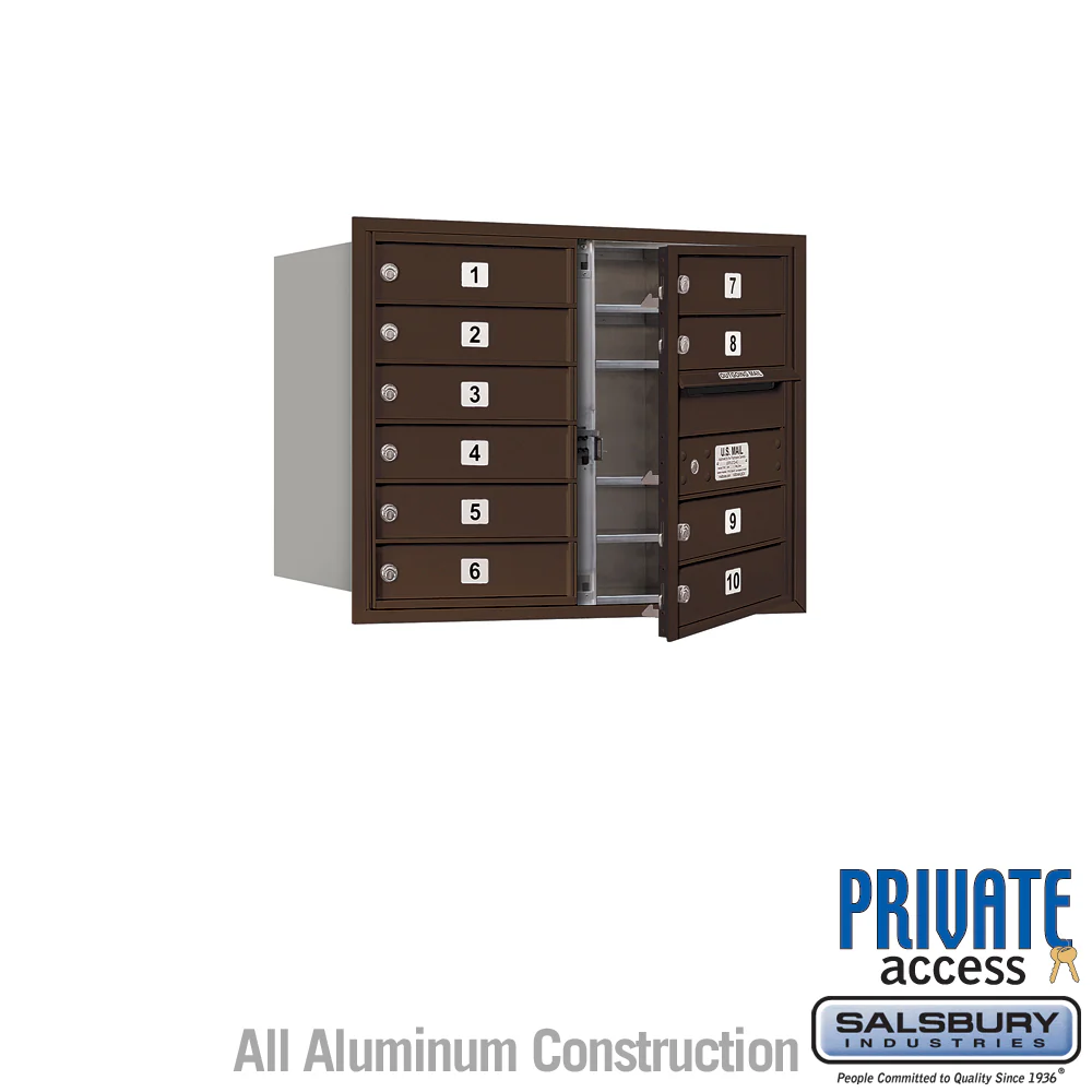 6 Door High Recessed Mounted 4C Horizontal Mailbox with 10 Doors in Bronze, Private Access, Front Loading