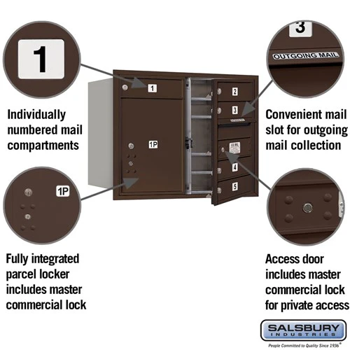 6 Door High Recessed Mounted 4C Horizontal Mailbox with Parcel Locker in Bronze - Private Access - Image 2