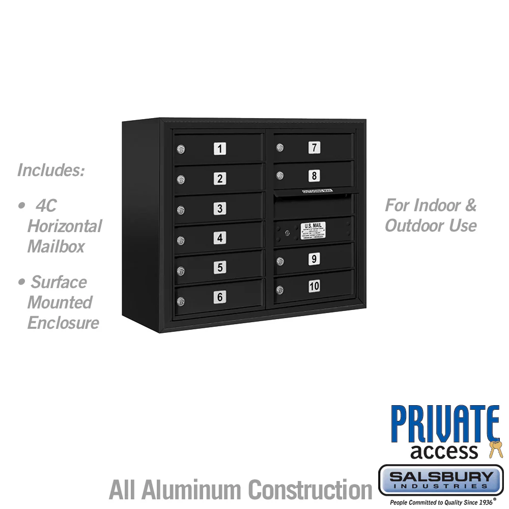 6 Door High Surface Mounted 4C Horizontal Mailbox with 10 Doors in Black with Private Access