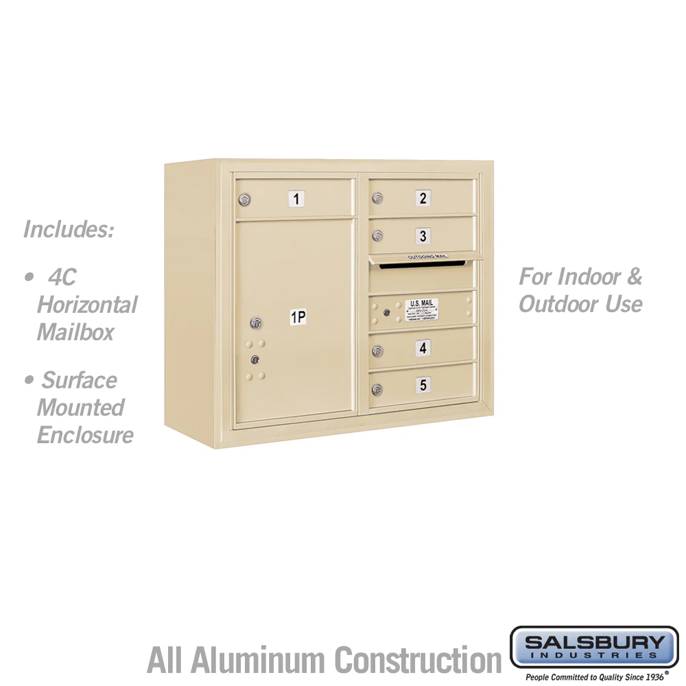 6 Door High Surface Mounted 4C Horizontal Mailbox with Parcel Locker in Sandstone