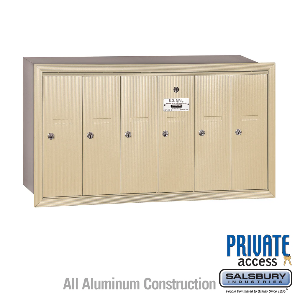 6-Door Sandstone Vertical Mailbox with Private Access and Recessed Mounting