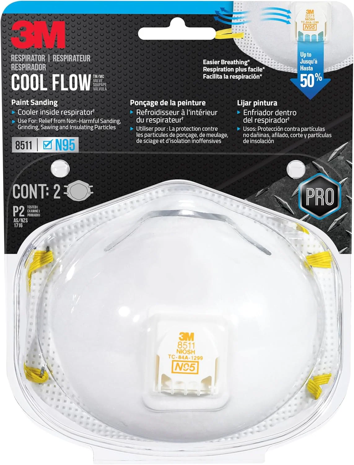 3M 8511 N95 Respirator with Cool Flow Valve, Disposable Sanding & Fiberglass Mask, 2-Pack - Image 4