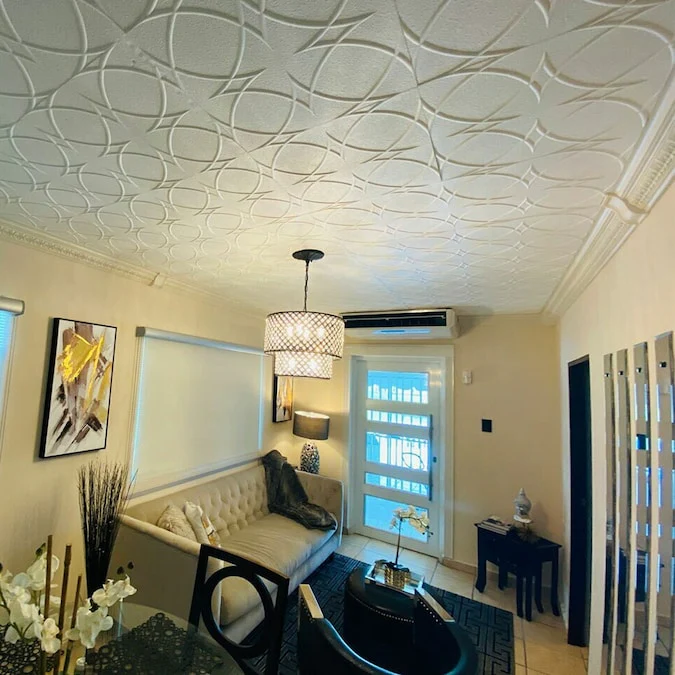 A La Maison Ceilings 1.67-ft x 1.67-ft Circles and Stars Plain White Polystyrene Surface-mount Ceiling Tile (8-Pack, 21.6-sq ft / Case) - Image 5