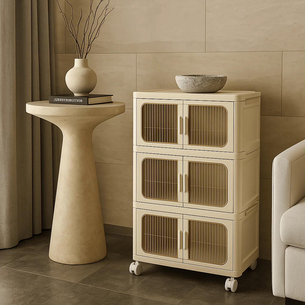 Adrinfly 3-Tier Folding Storage Cabinet with Wheels and Magnetic Door - Image 3