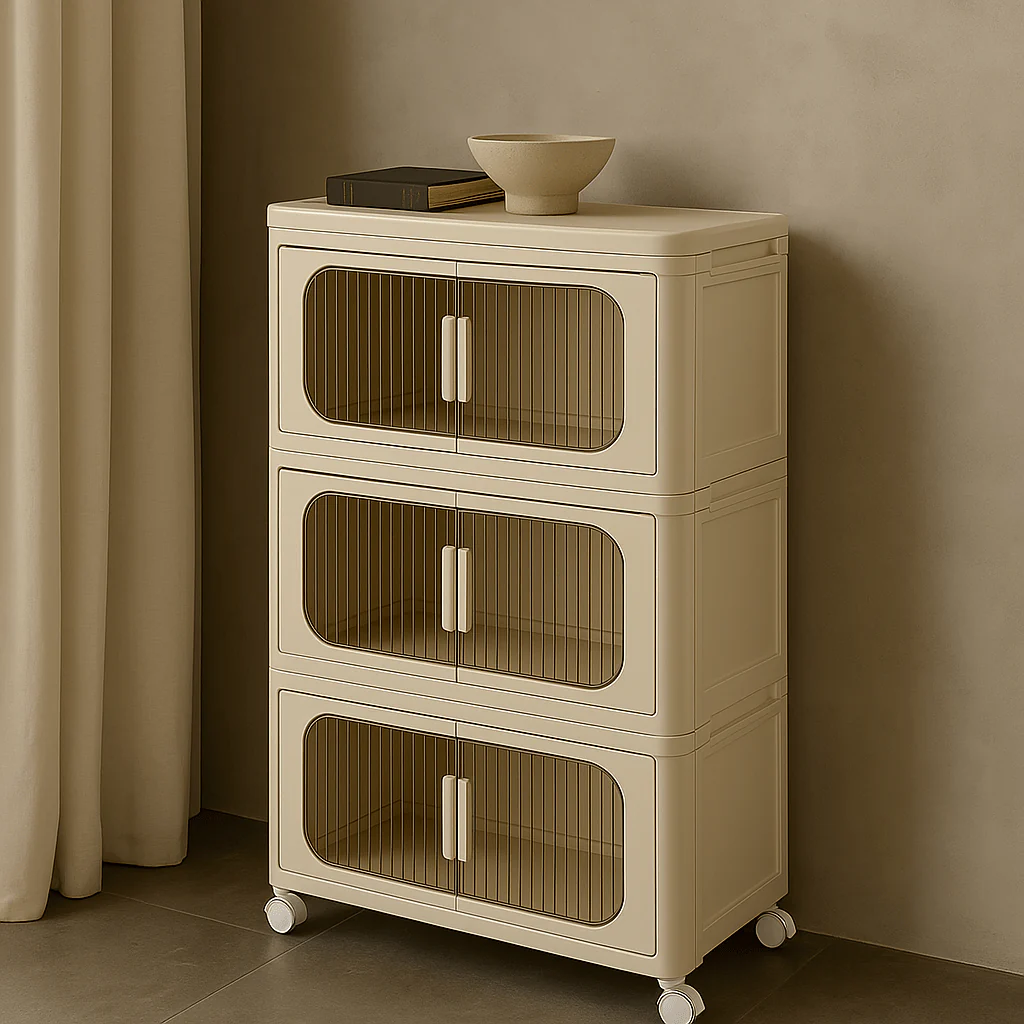 Adrinfly 3-Tier Folding Storage Cabinet with Wheels and Magnetic Door - Image 4