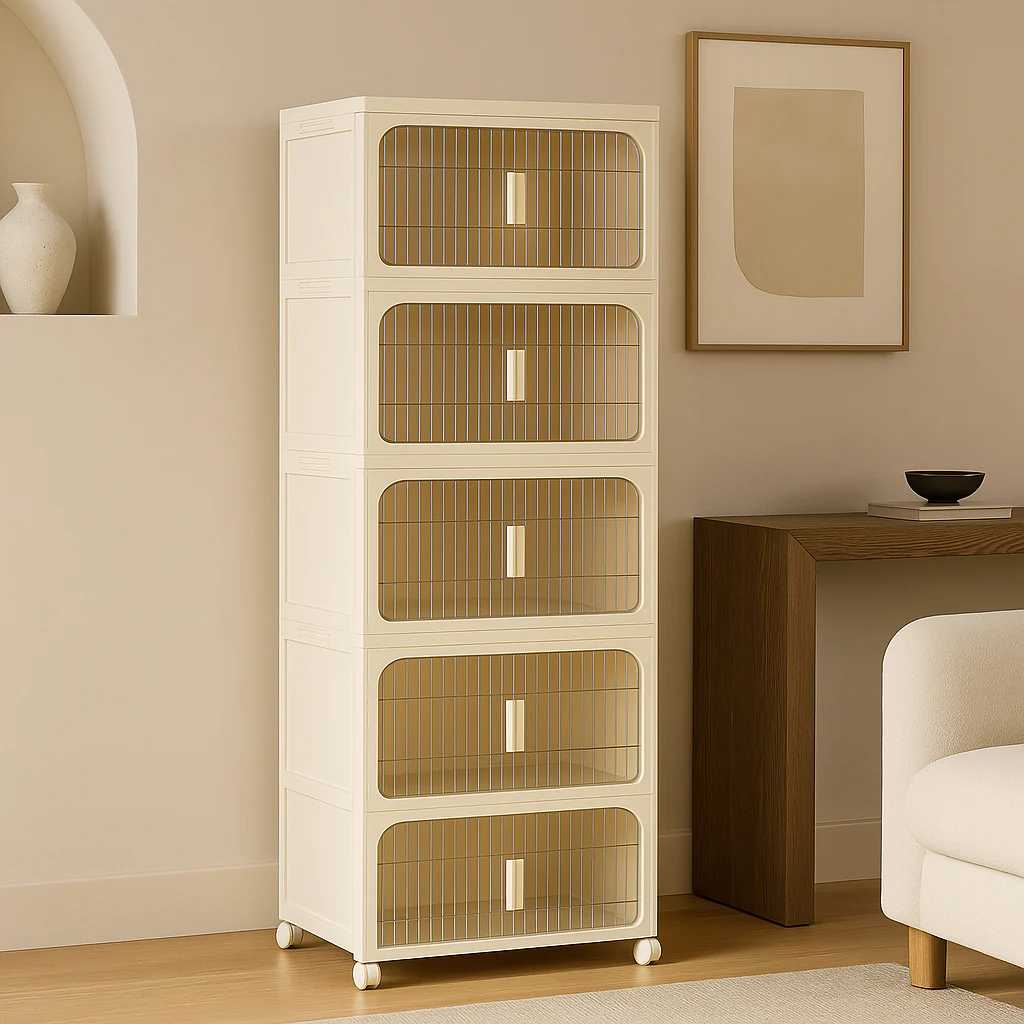 Adrinfly 5-Tier Folding Storage Cabinet with Wheels and Magnetic Door - Image 3
