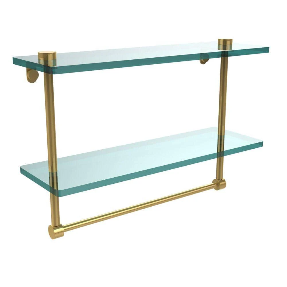 Allied Brass 16 in. L x 12 in. H x 5 in. W 2-Tier Clear Glass Vanity Bathroom Shelf with Towel Bar, Polished Brass