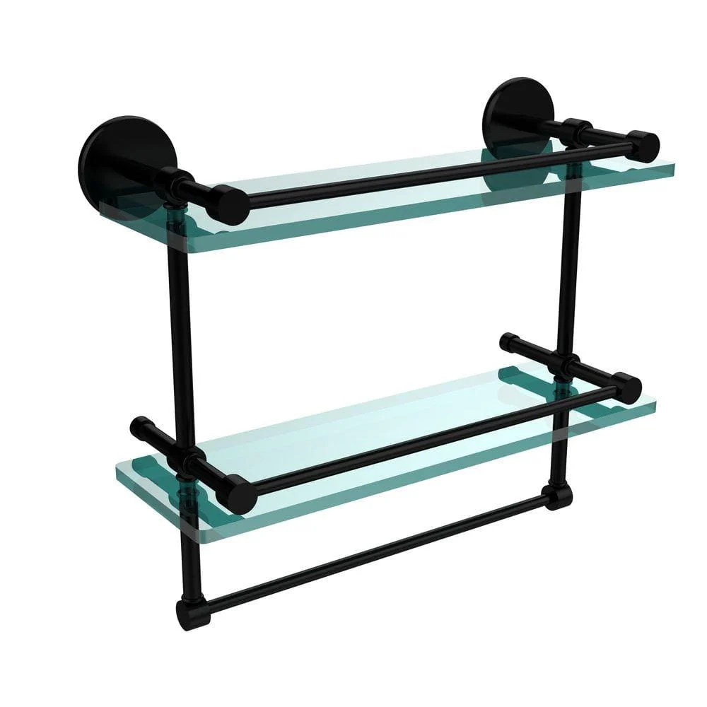Allied Brass 16 in. L x 12 in. H x 5 in. W 2-Tier Gallery Clear Glass Bathroom Shelf with Towel Bar in Matte Black