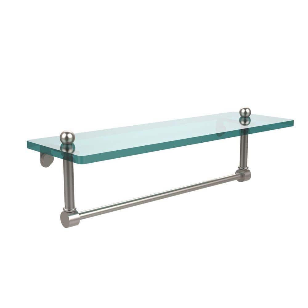 Allied Brass 16 in. L x 5 in. H x 5 in. W Clear Glass Vanity Bathroom Shelf with Towel Bar in Satin Nickel