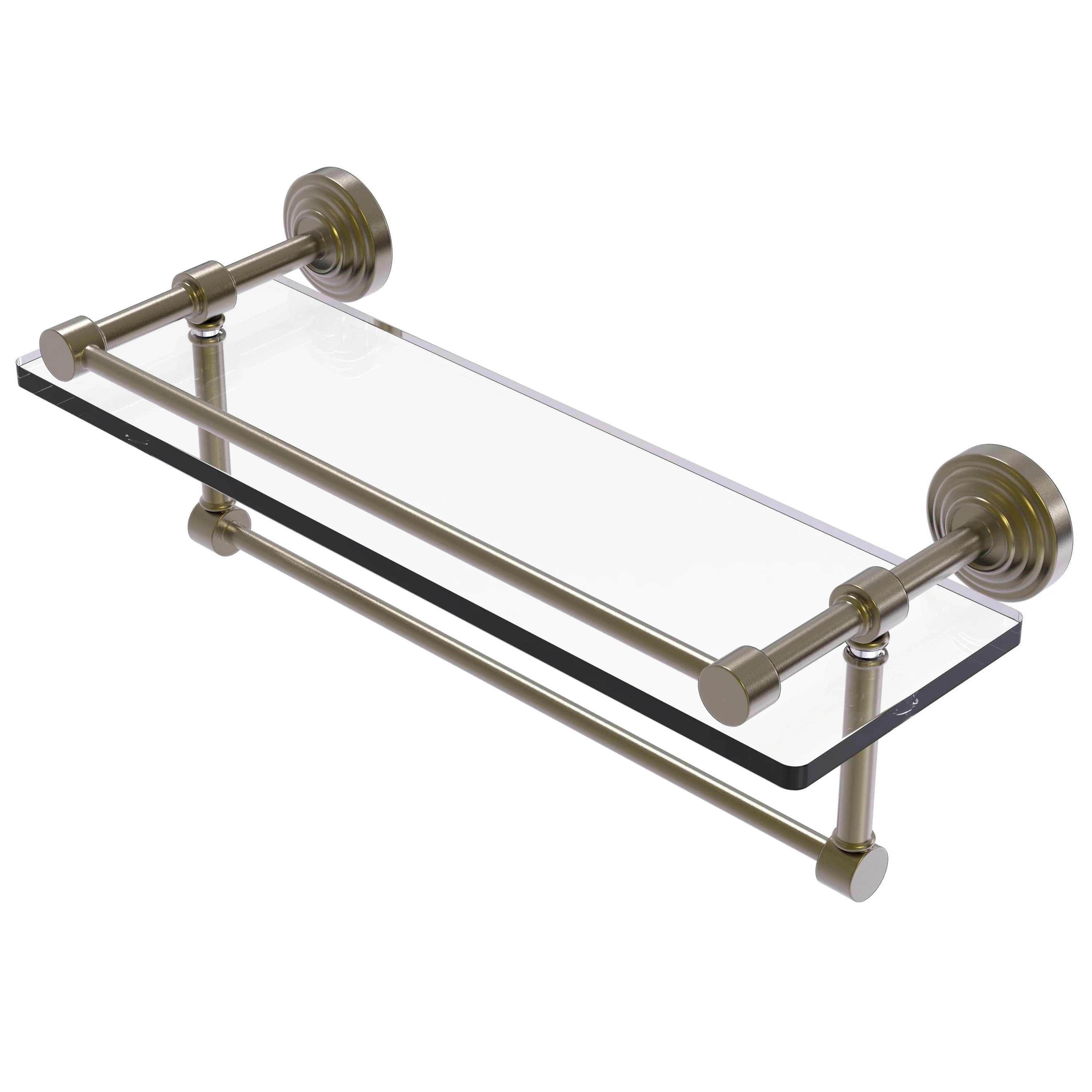 Allied Brass 16 in. L x 5 in. H x 5 in. W Gallery Clear Glass Bathroom Shelf with Towel Bar, Polished Nickel