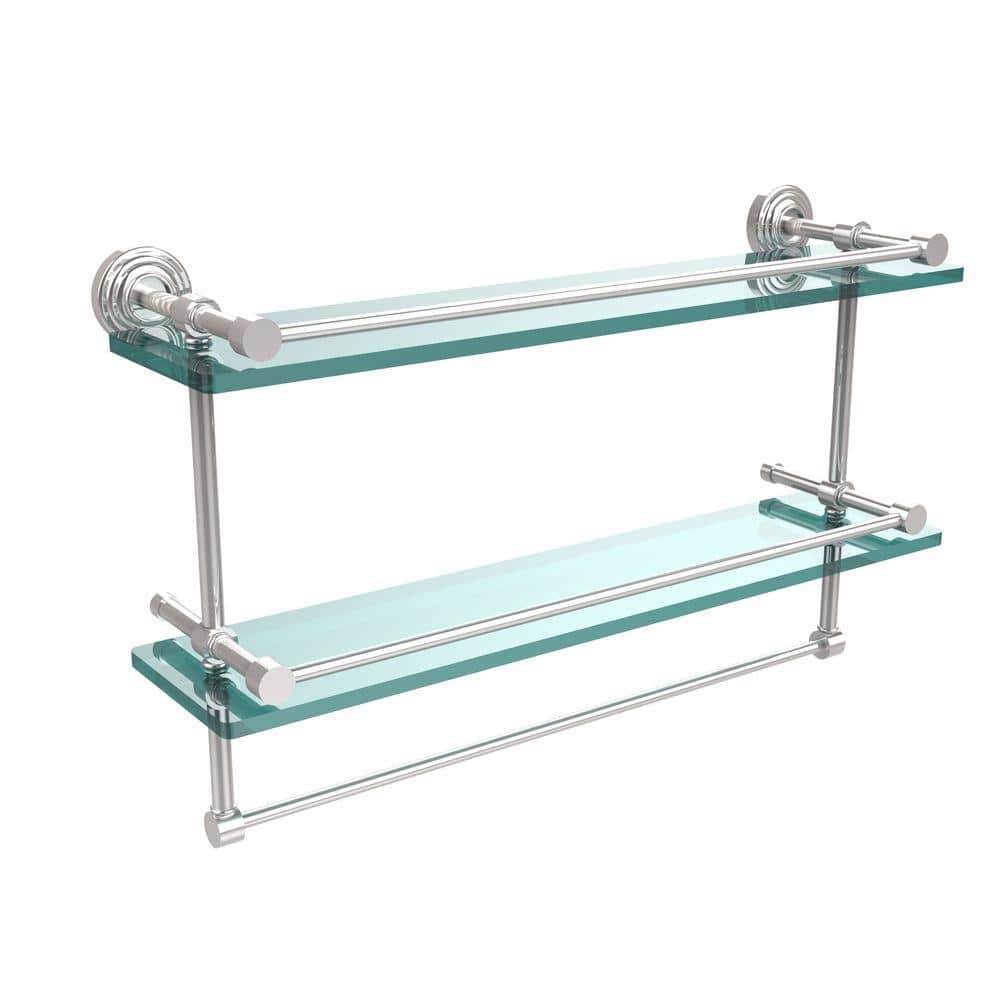 Allied Brass 22 in. L x 12 in. H x 5 in. W 2-Tier Clear Glass Bathroom Shelf with Towel Bar, Polished Chrome