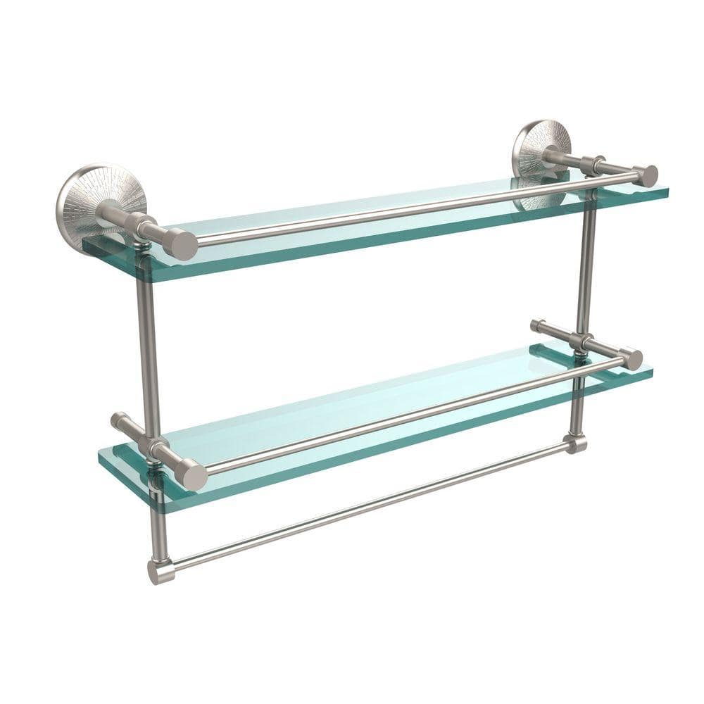 Allied Brass 22 in. L x 12 in. H x 5 in. W 2-Tier Clear Glass Bathroom Shelf with Towel Bar, Satin Nickel