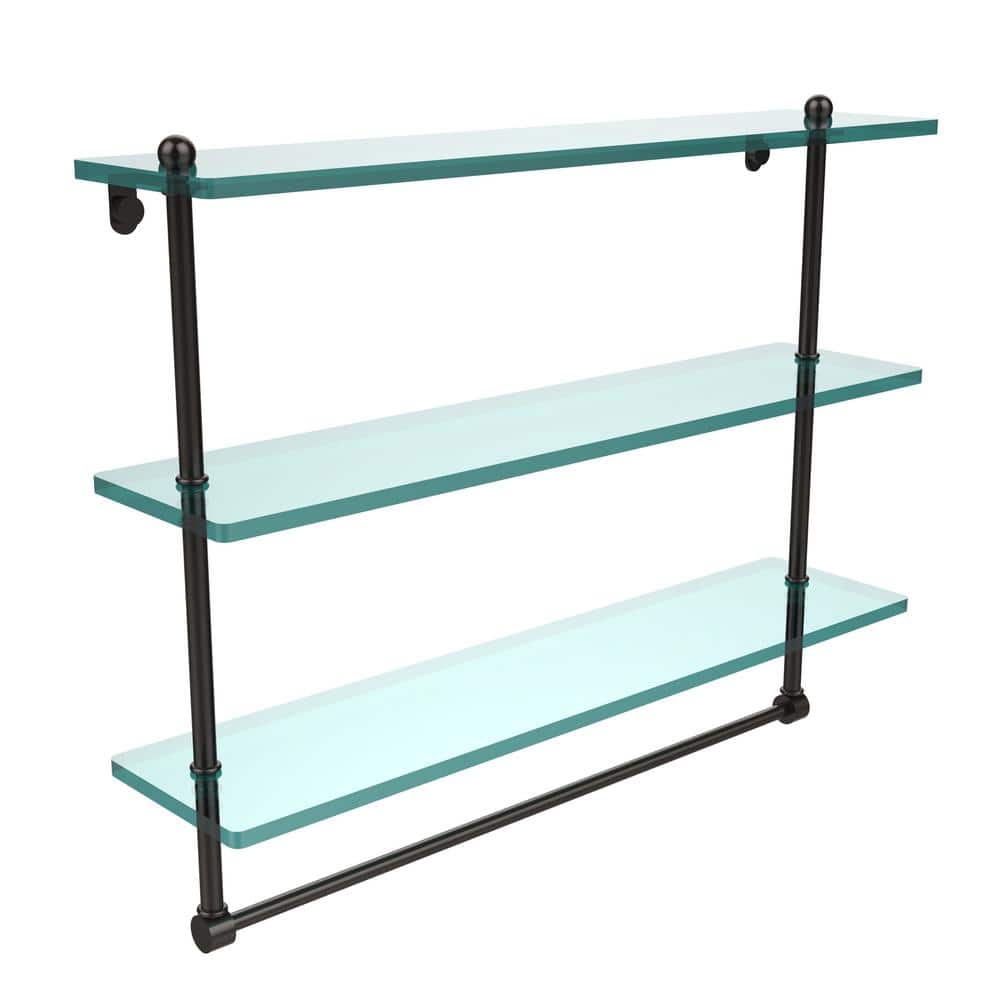 Allied Brass 22 in. L x 18 in. H x 5 in. W 3-Tier Clear Glass Bathroom Shelf with Towel Bar, Oil Rubbed Bronze