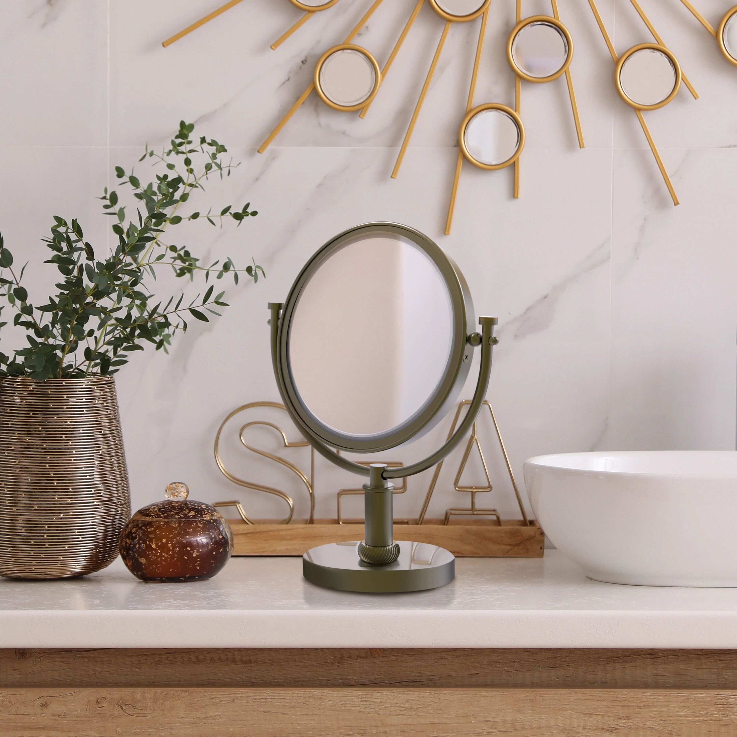 Allied Brass 8-in x 15-in Antique Brass Double-Sided 2x Magnifying Countertop Vanity Mirror - Image 4