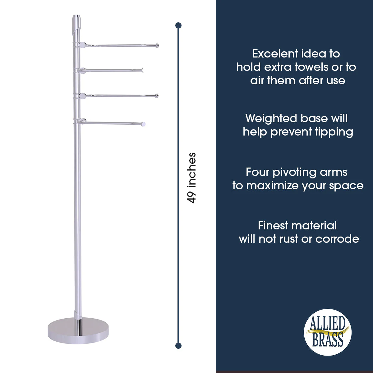 Allied Brass Floor Standing 49-in 4 Pivoting Swing Arm Towel Holder in Satin Brass - Image 2