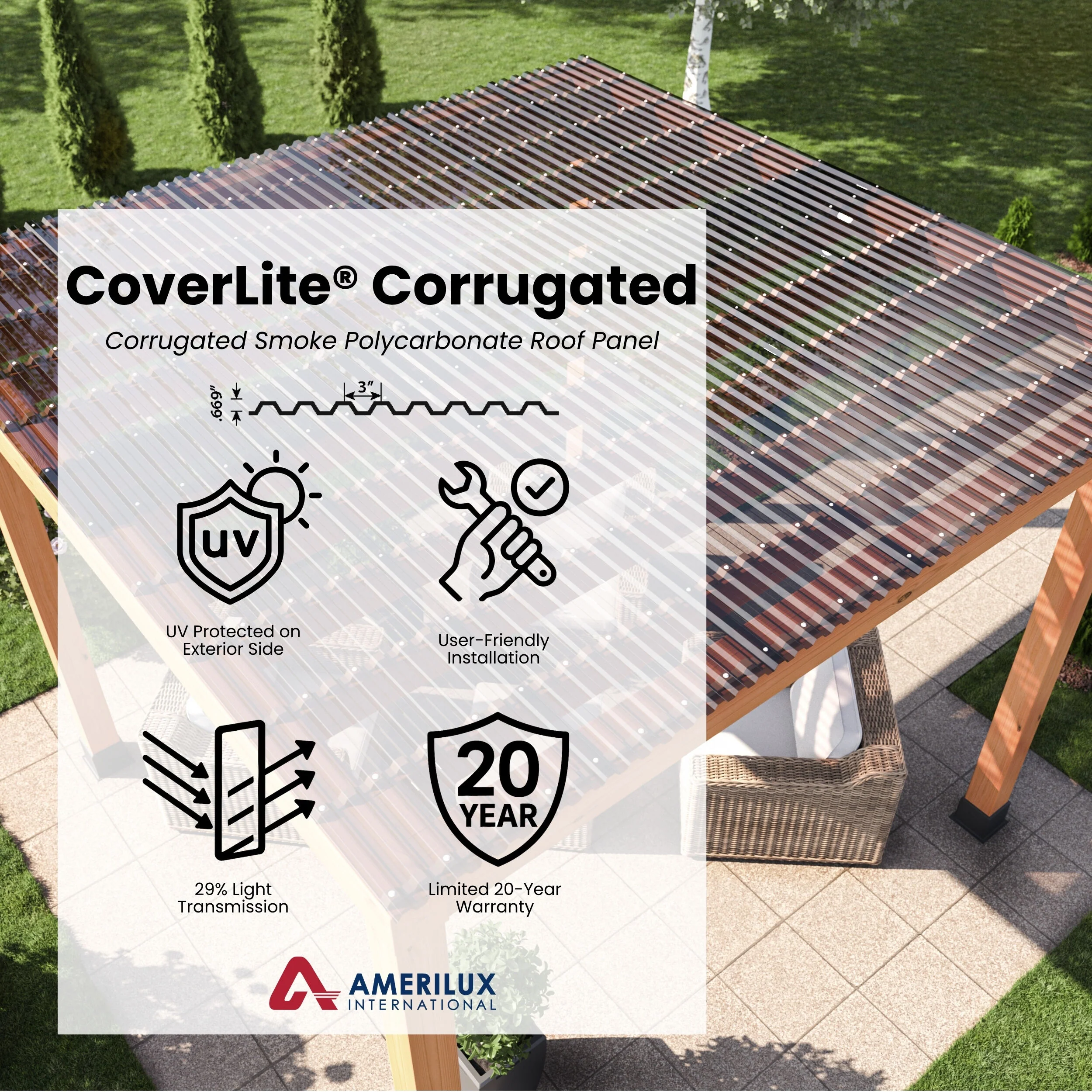 AmeriLux International CoverLite 2.16-ft x 8-ft Corrugated Smoke Polycarbonate Roof Panel - Image 3