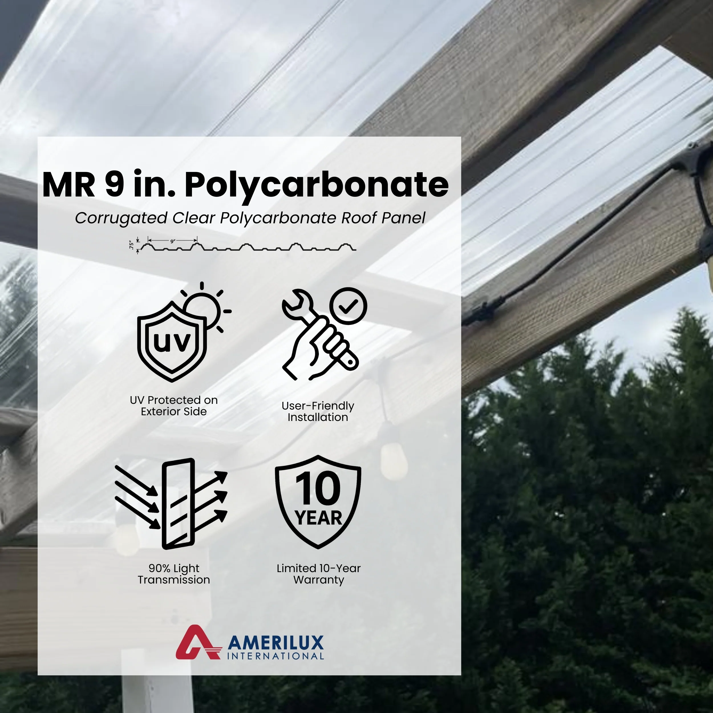 AmeriLux International MR 9 in. 3.16-ft x 8-ft Corrugated Clear Polycarbonate Roof Panel - Image 2