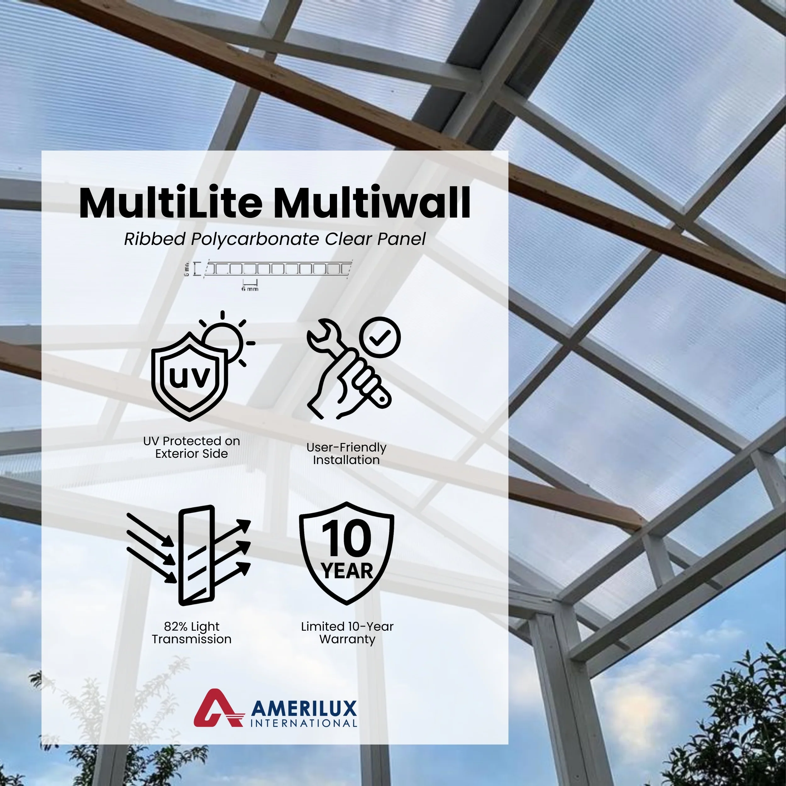 AmeriLux International MultiLite 4-ft x 8-ft Ribbed Clear Polycarbonate Roof Panel, Multi-Wall, 6mm - Image 6