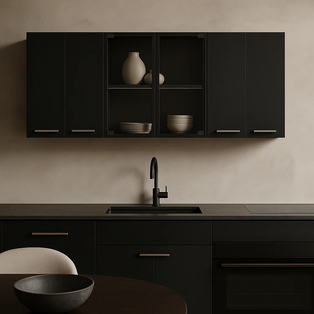 Amucolo Black Wood Wall Kitchen Cabinet with Glass Doors - 59 in. W x 12.4 in. D x 23.6 in. H - Image 3