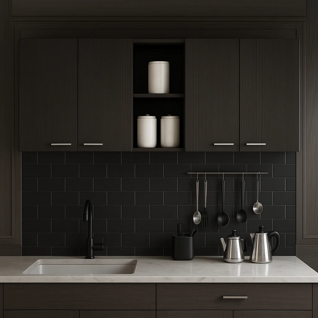 Amucolo Black Wood Wall Kitchen Cabinet with Shelves and Four Doors - Image 3