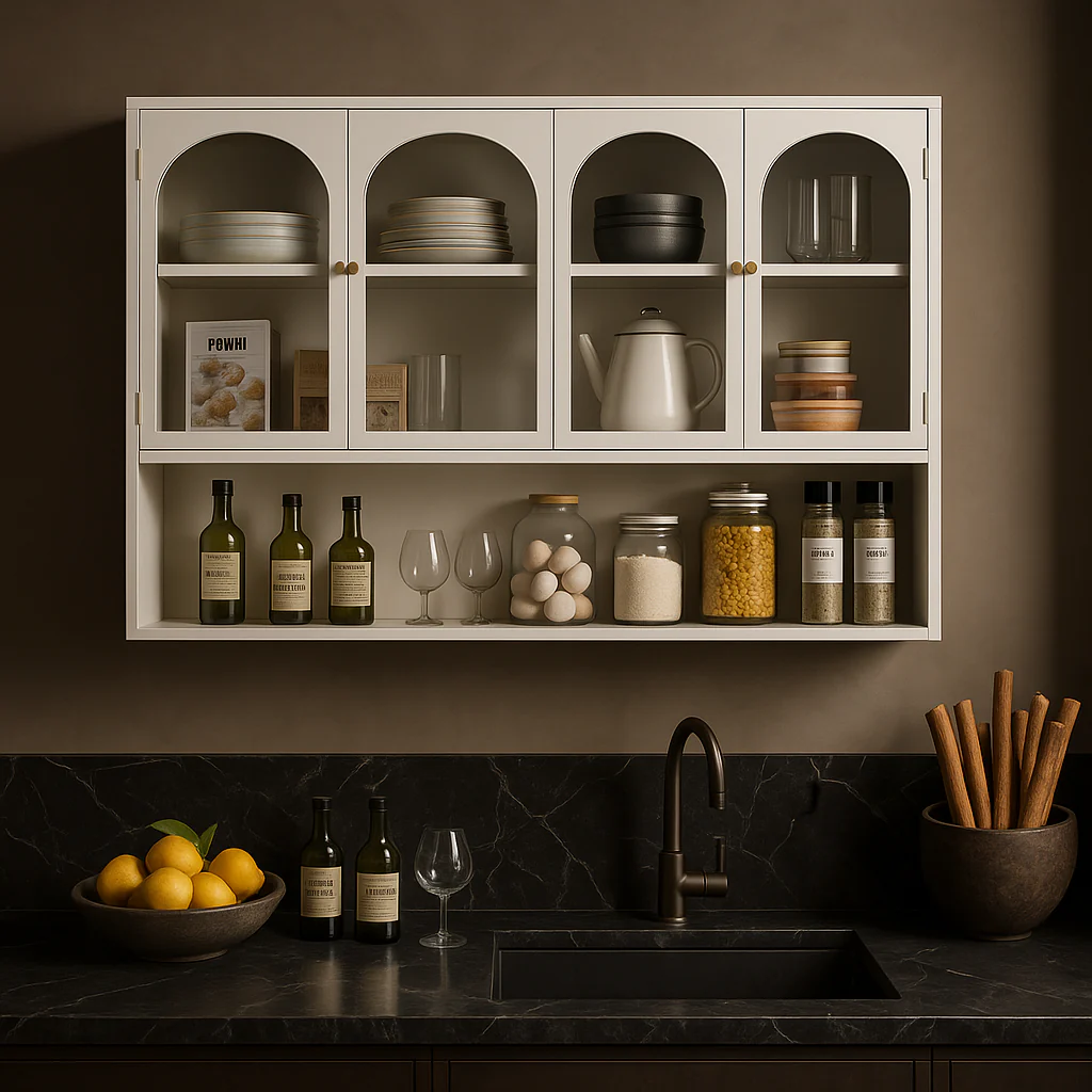 Aoibox Glass Metal Wall-Mounted Kitchen Cabinet, White, 4-Door - Image 2