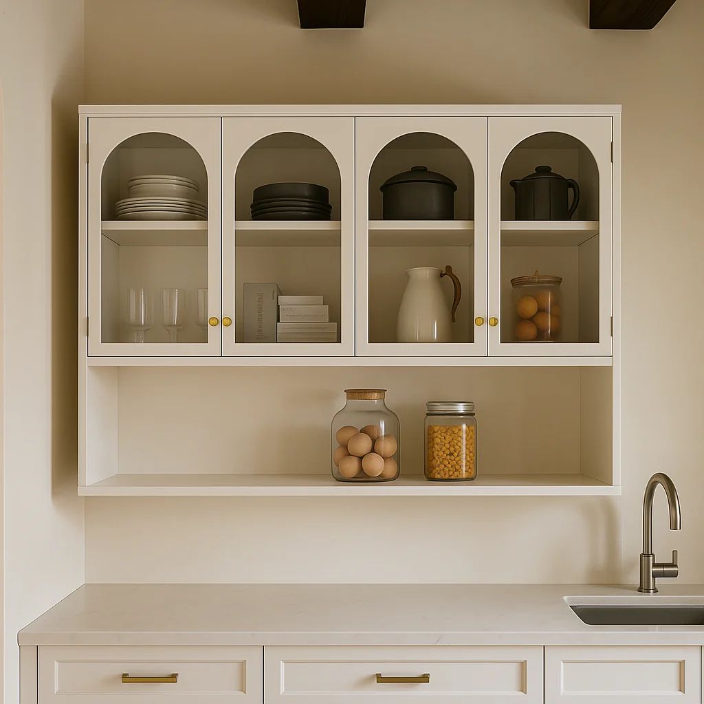 Aoibox Glass Metal Wall-Mounted Kitchen Cabinet, White, 4-Door - Image 4