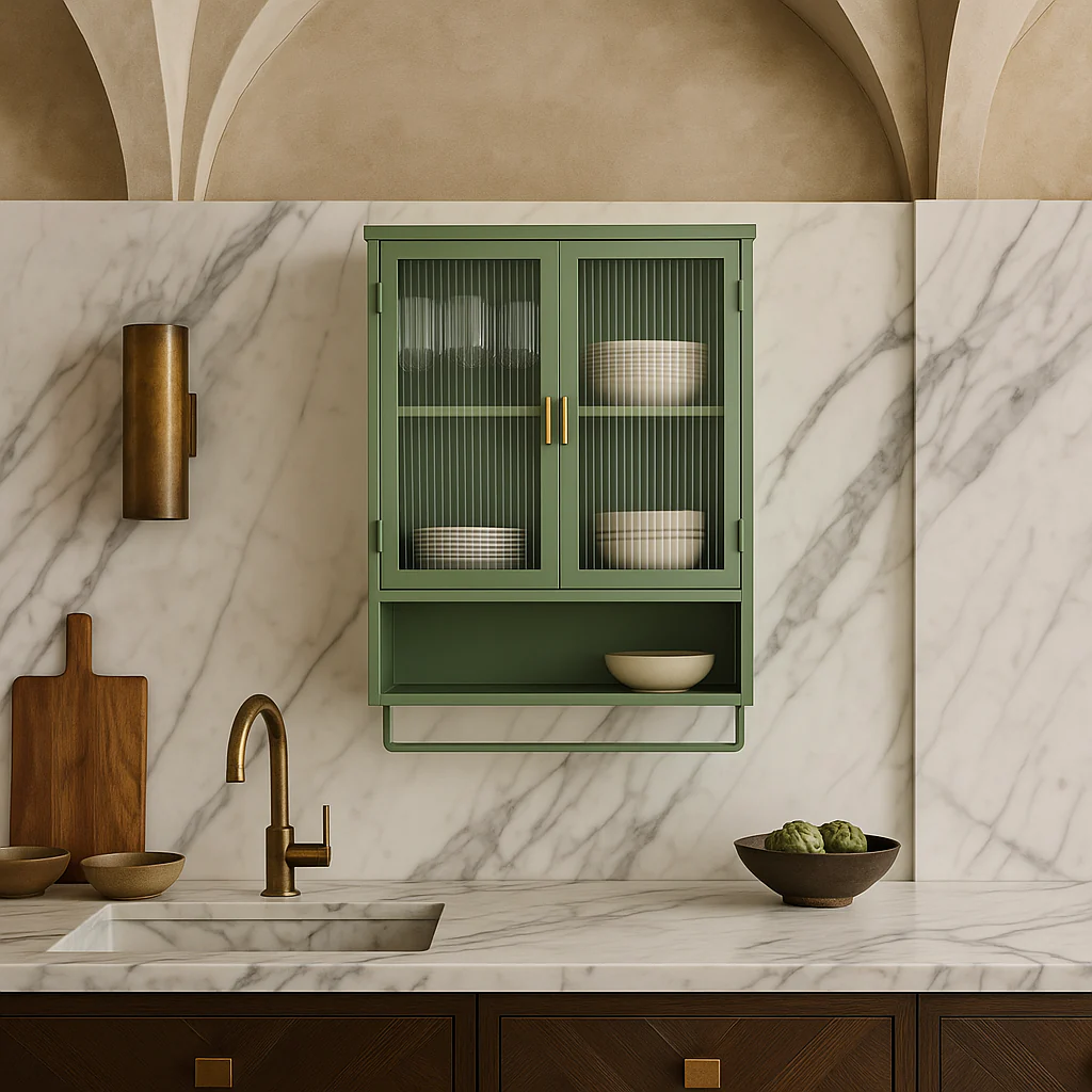 Aoibox Green Iron Wall Cabinet with Glass Doors and Towel Rack - Image 3