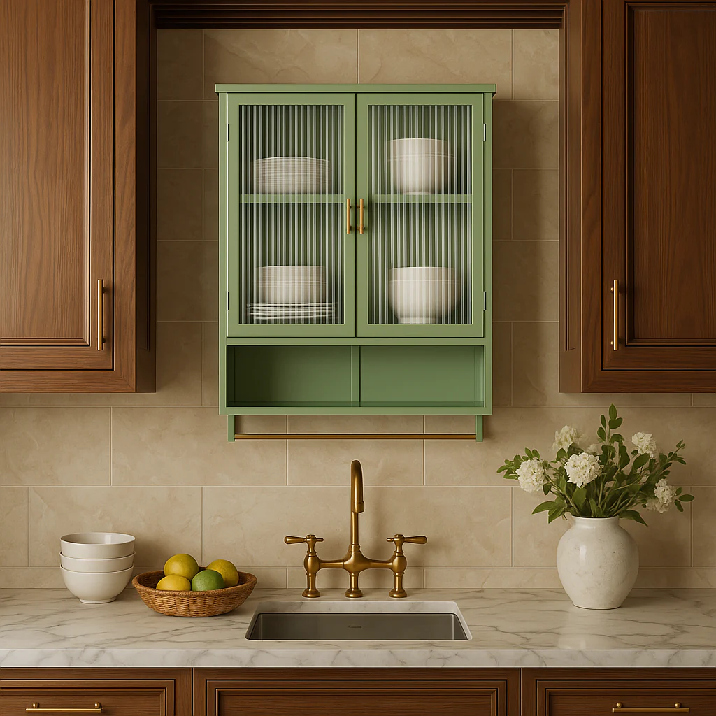 Aoibox Green Iron Wall Cabinet with Glass Doors and Towel Rack - Image 4