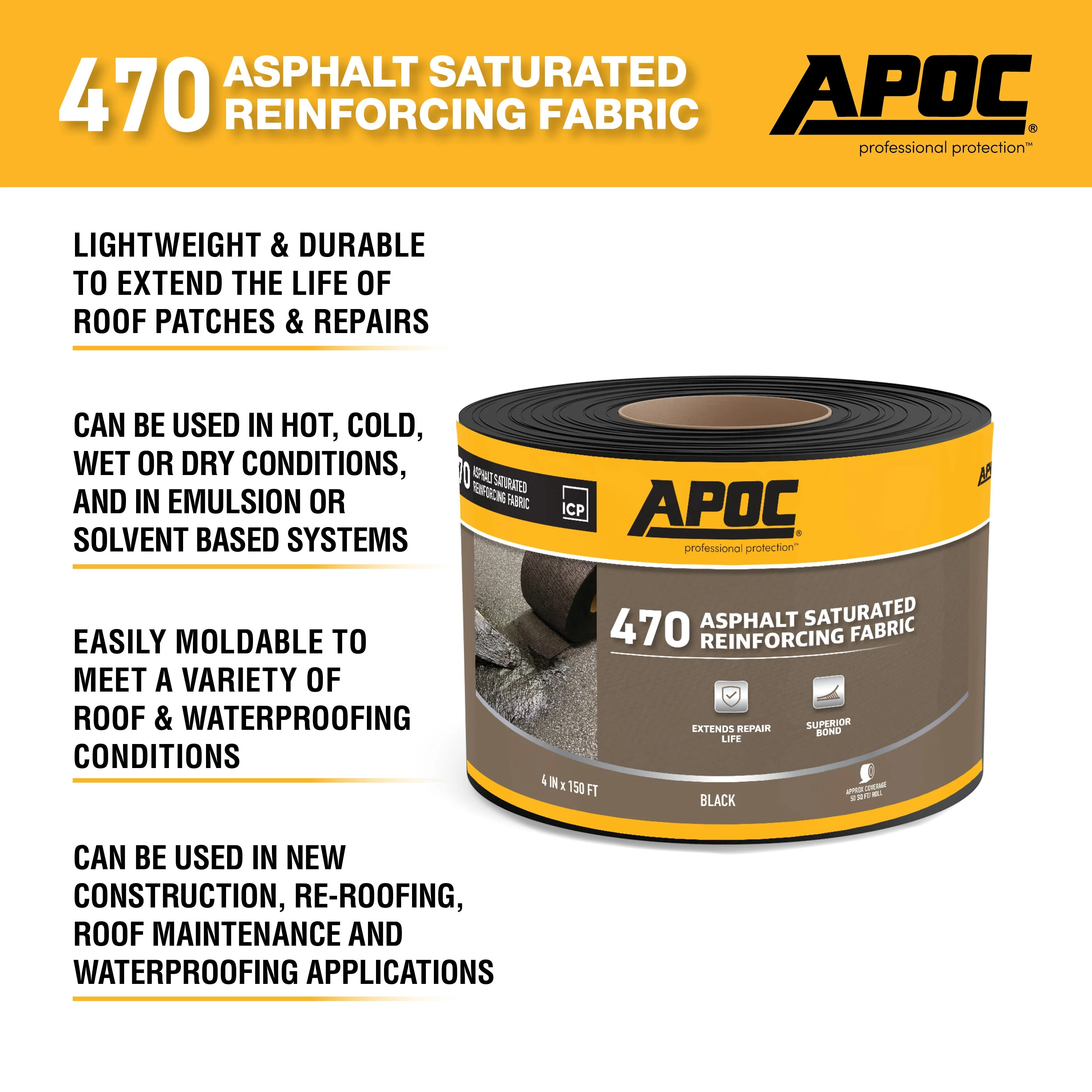 APOC 470 Asphalt-Saturated Reinforcing Roof Fabric, Black, 4-in x 150-ft Roll - Image 4