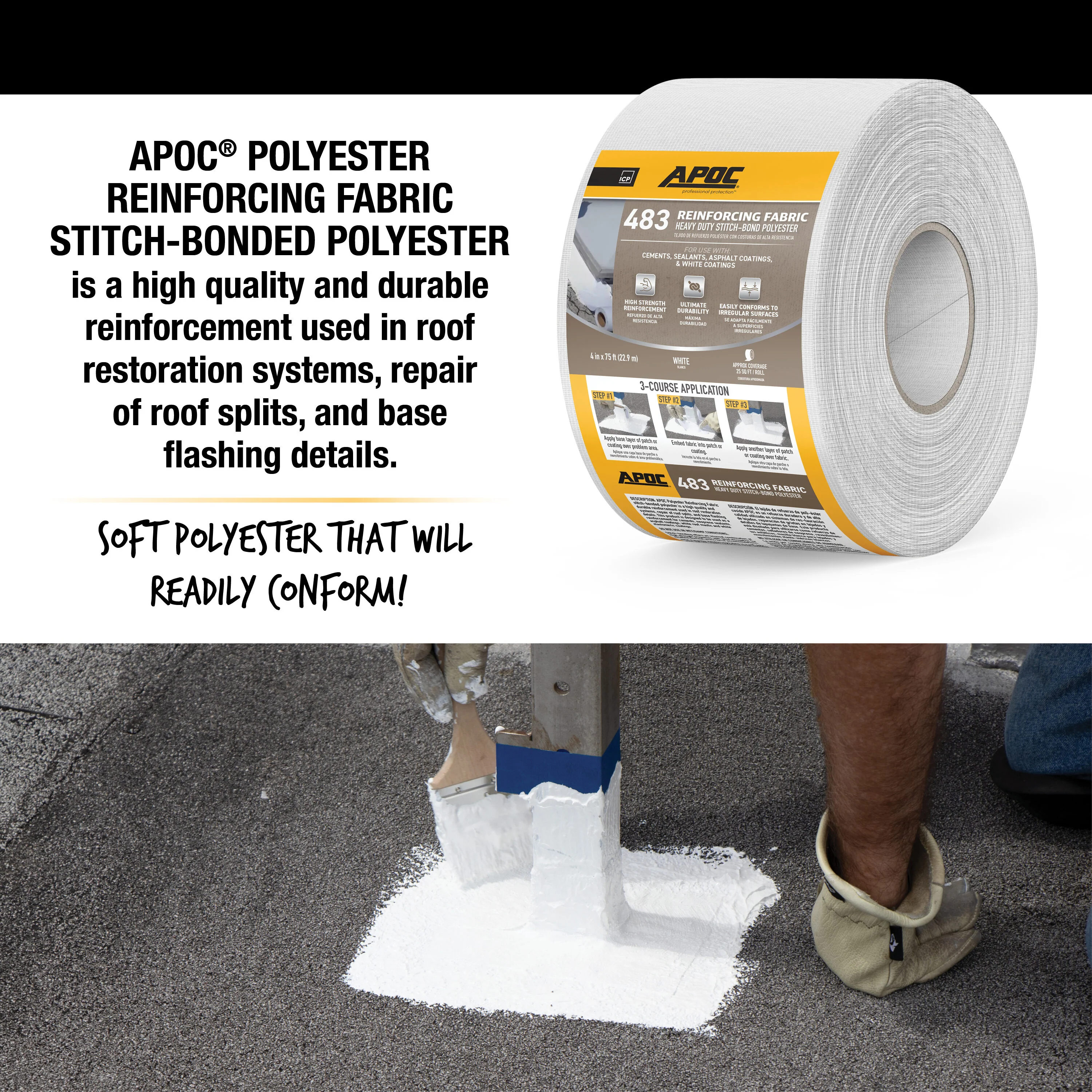 APOC 483 Reinforcing Polyester Roof Fabric, 4-in x 75-ft Roll - Image 5