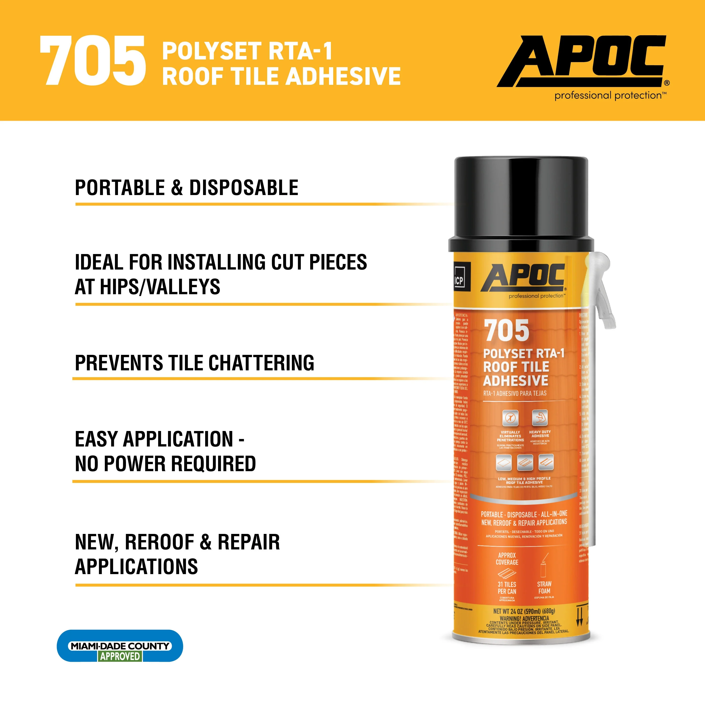 APOC 705 Polyset RTA-1 Roof Tile Adhesive, Off-White, 24 fl oz Straw Foam Can - Image 3