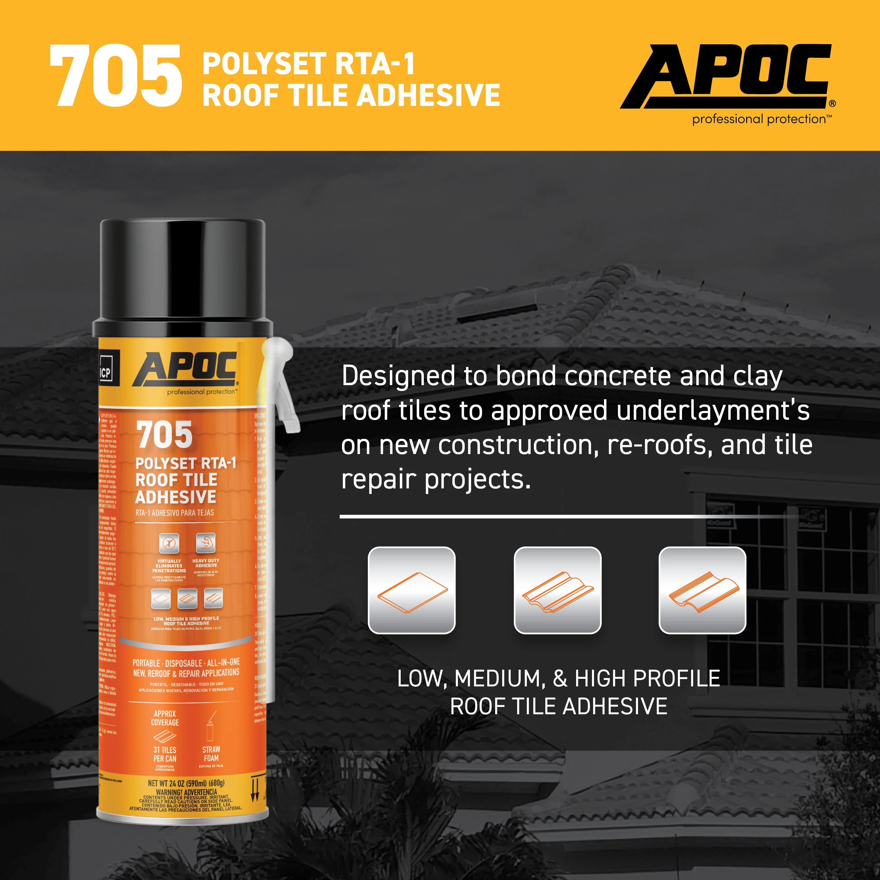 APOC 705 Polyset RTA-1 Roof Tile Adhesive, Off-White, 24 fl oz Straw Foam Can - Image 5