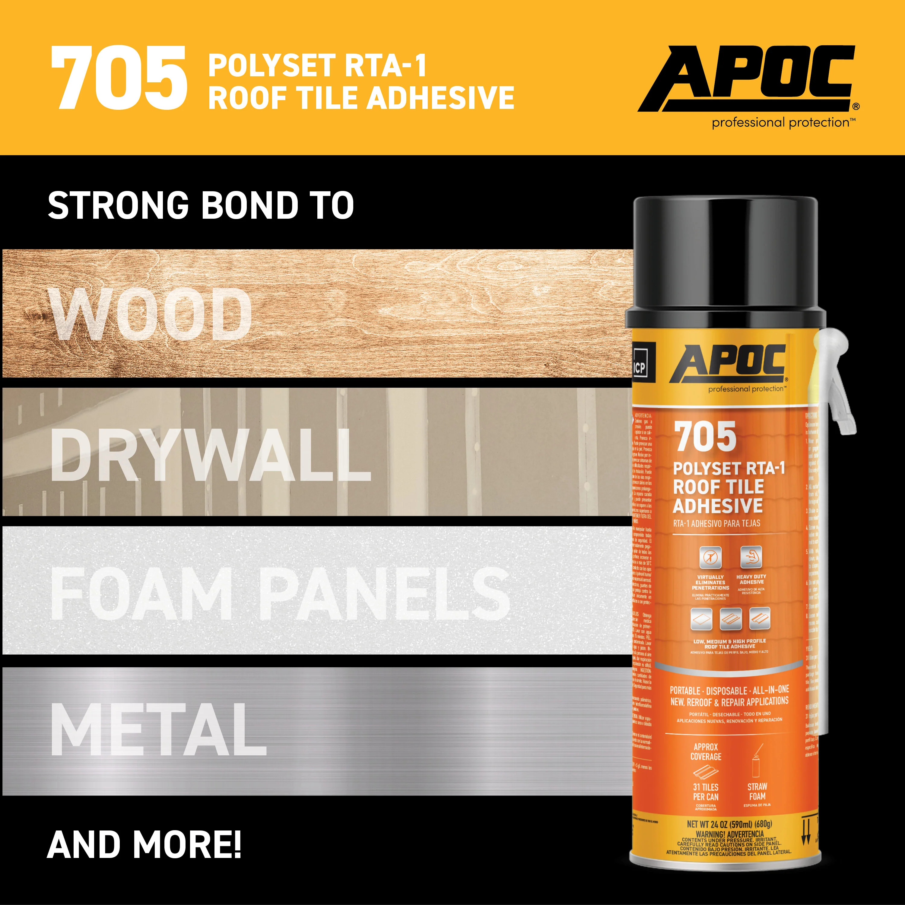 APOC 705 Polyset RTA-1 Roof Tile Adhesive, Off-White, 24 fl oz Straw Foam Can - Image 6