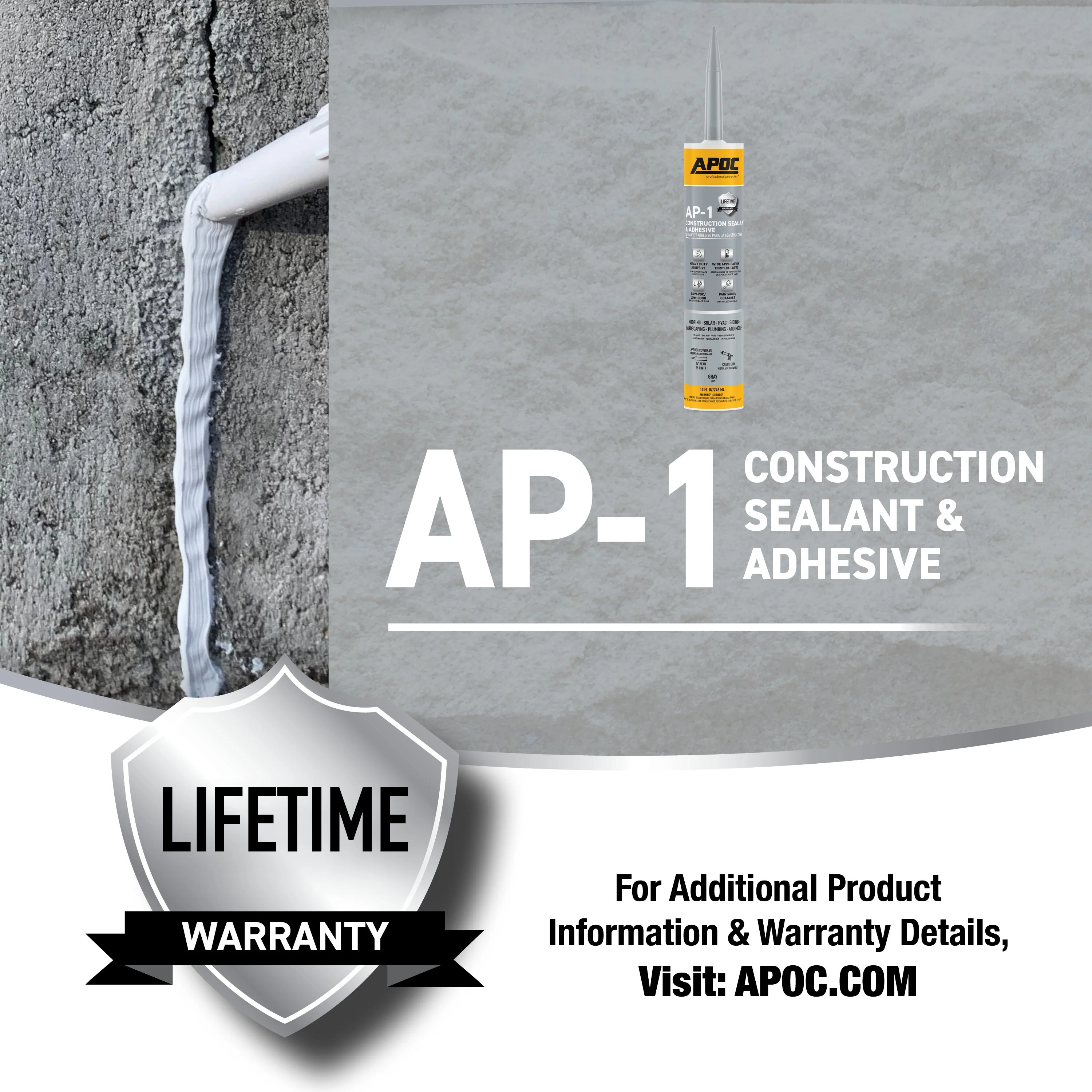 APOC AP-1 10.1-oz Waterproof Roof Sealant – Gray, Low-VOC Construction Sealant & Adhesive - Image 4