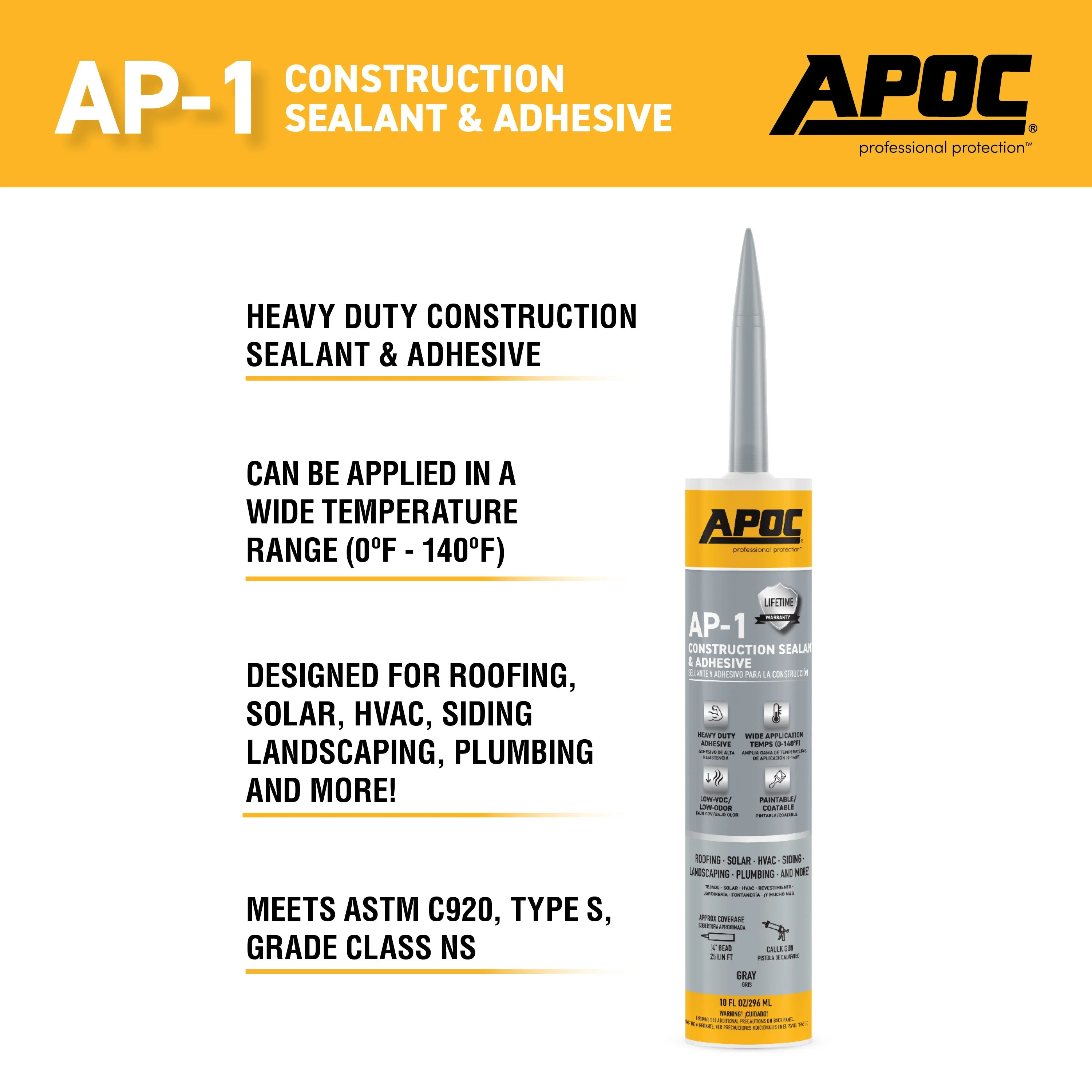 APOC AP-1 10.1-oz Waterproof Roof Sealant – Gray, Low-VOC Construction Sealant & Adhesive - Image 6