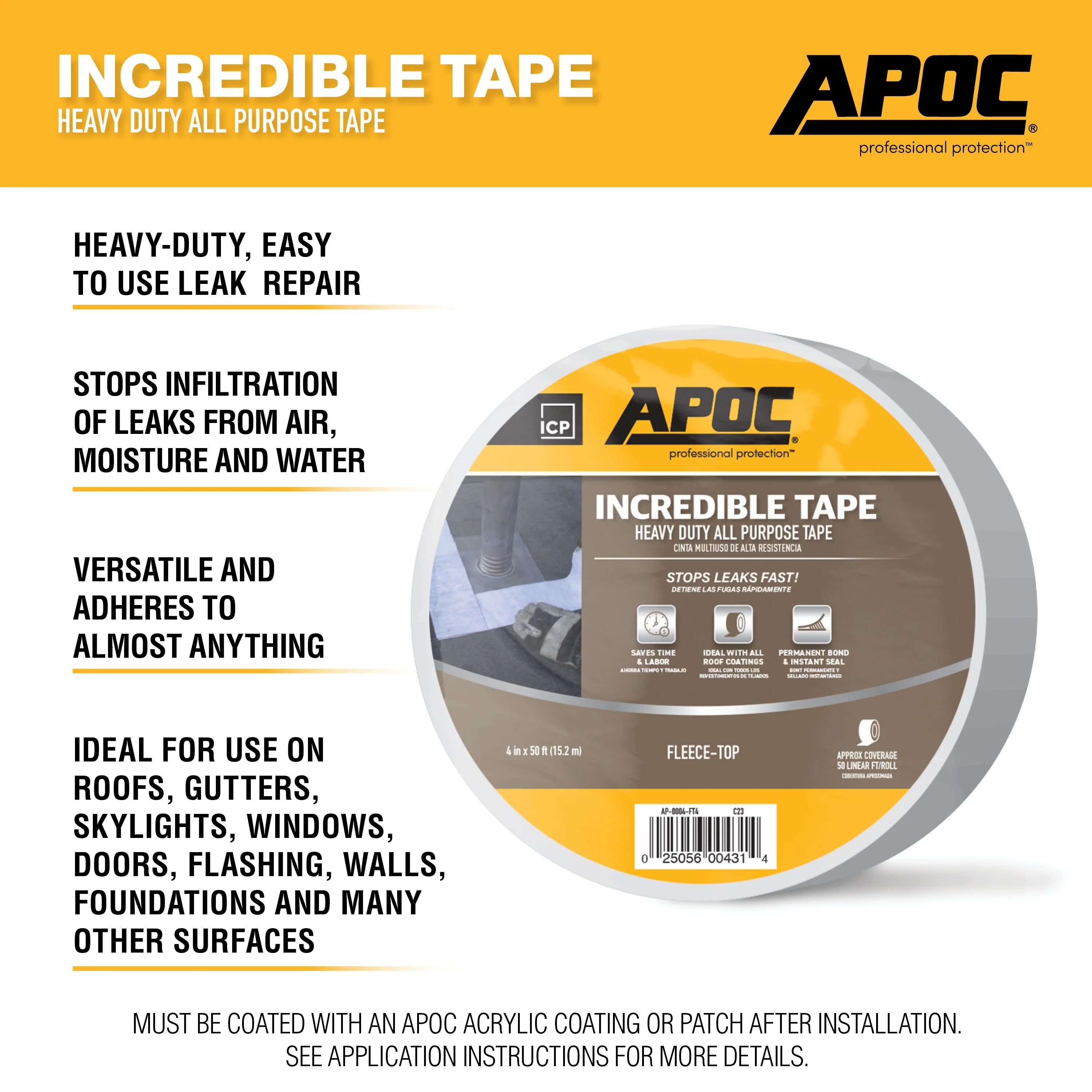 APOC Incredible Tape Fleece-Top Roof Seam Tape, 4 in x 50 ft - Image 4