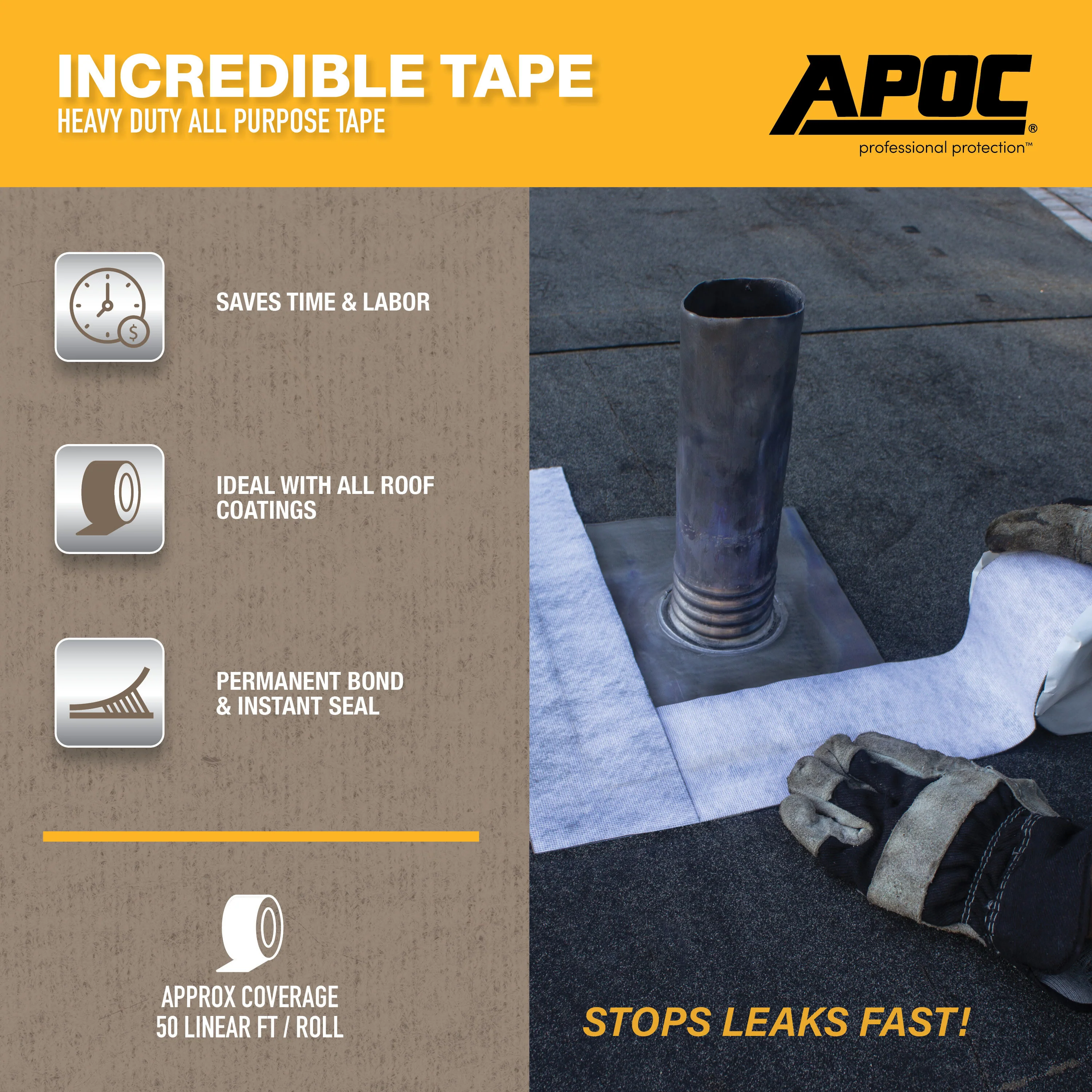 APOC Incredible Tape Fleece-Top Roof Seam Tape, 4 in x 50 ft - Image 5
