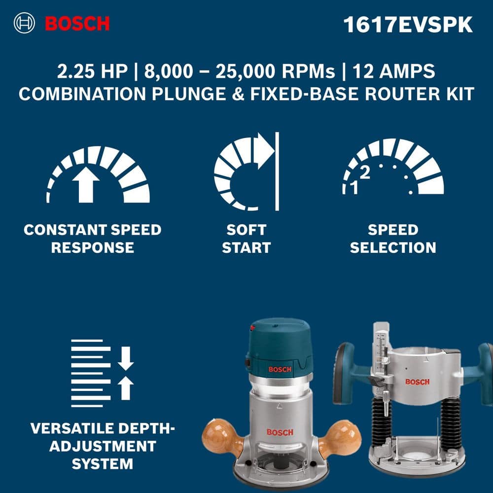 Bosch 12 Amp 2-1/4 in. Corded Variable-Speed Plunge and Fixed Base Router Kit with Hard Case, 1617EVSPK - Image 2