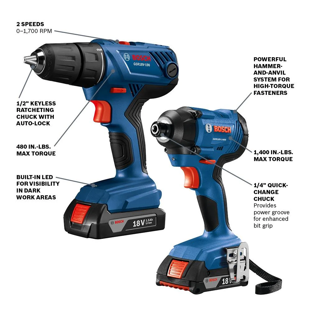 Bosch 18V 2-Tool Cordless Combo Kit with Soft Case, Charger and (2) 2.0Ah Batteries – GXL18V-26B22 - Image 2