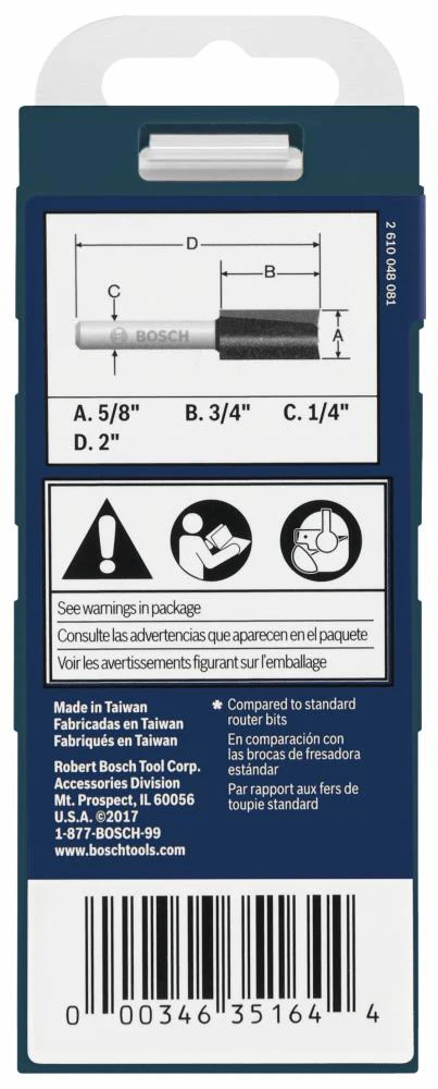 Bosch 5/8-in Carbide-Tipped Straight Router Bit, 1/4-in Shank, 3/4-in CEL - Image 2