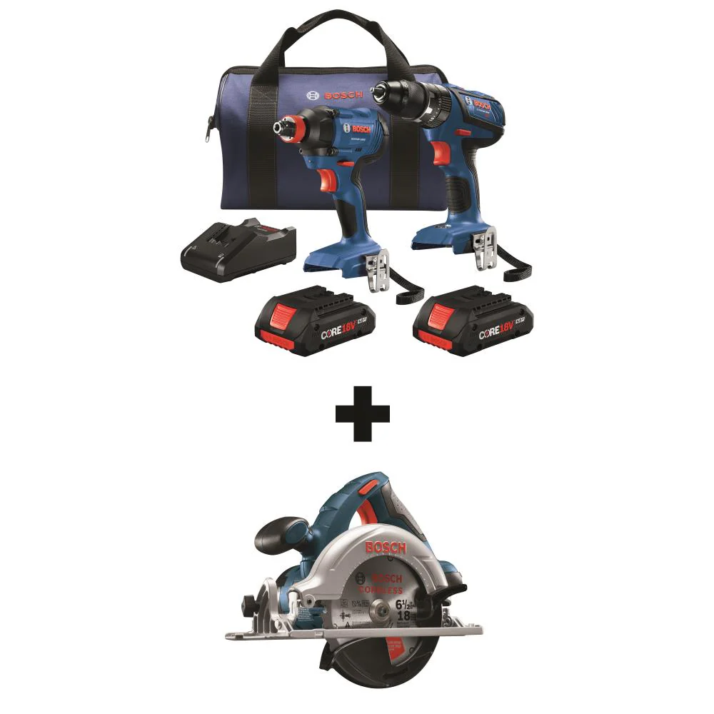 Bosch CORE18V 3-Tool 18-Volt Power Tool Combo Kit with Soft Case, Charger and 2 Batteries